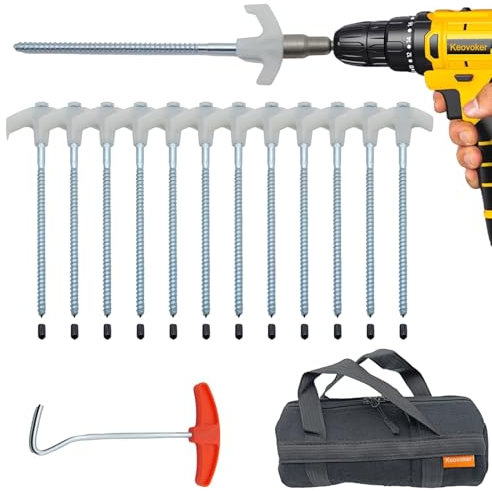 Keovoker 12 Pack Screw in Tent Stakes Heavy Duty-8” Metal Pegs for Ground, Drill in Camping Stake with Hex Head Driver, Spikes Puller, Protector/Stopper in Carrying Bag, for Hiking, Glow in Dark