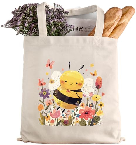 Stofftasche Personalisiert Tasche Kinder-Beutel mit Namen Baumwolltasche Wunschname als Sporttasche, Wechselwäsche, Tragetasche - Kita, Schule & Kindergarten Geburtstag (Biene mit Blumen)