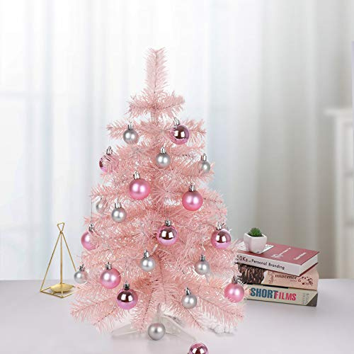 Small Pink Christmas Tree,Tabletop Christmas Tree with Balls, Mini Pink Christmas Tree with Led Lights and Plastic Stand, Simulation Tabletop Xmas Tree