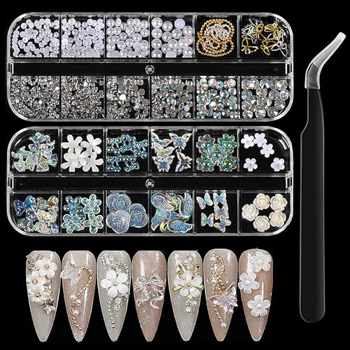 NLFOX 3D Nail Charms - Crystal Nail Gems for Nail Art - Flat Back Nail Rhinestones & Pearls - Aurora Bear Flowers Bow Nail Art Charms - Silver Gold Chains Nail Stuff for Nail Decorations