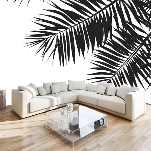 Papier Peint Panoramique 3D, Intissé Photo Mural Feuilles de Palmier Noires Poster pour Salon Chambre Mur de fond Chambre des Enfants Bureau Blanc Décoration de Maison 400 x 280 CM