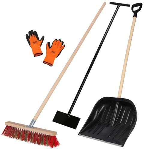 KOTARBAU® Set snöskyffel 128 x 48 cm + gatukvast med handtag 43 cm isskrapa 119 x 20 cm + handskar, snösläde, snöröjare, snöskyffel, trähandtag för snöröjning