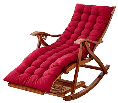 Sedia a dondolo in bambù con cuscino regolabile in cotone, poggiapiedi retrattile, portatile, per esterni, relax, per giardino, piscine (cuscino rosso incluso)