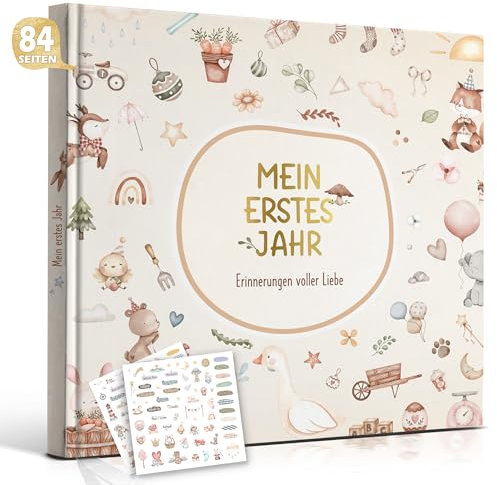 Hyggartn Mein Erstes Jahr Babyalbum mit 129 Stickern Personalisierte Geschenke Baby Geschenk Geburt Junge & Mädchen Fotoalbum Baby Erinnerung Babytagebuch 21x21 cm (Niedliche Motive mit Aufklebern)