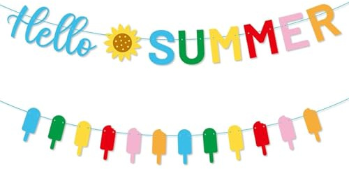 Bannière Hello Summer | Guirlande colorée de tournesol de bienvenue d'été | Guirlande de glaces | Décorations de fête d'intérieur ou d'extérieur | Décoration de fête tropicale hawaïenne à suspendre et