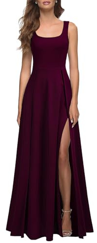 MUSHARE Women's Square Neck Sexy Split Cocktail Party Maxi Long Formal Dress Burgundy