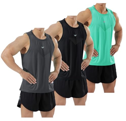 YOUTHUP Mens Quick Dry Gym Vest 3 Pack Sleeveless Tank Top | Quick-dry polyester, Crew neck, Reflective chest triangle detail, 3-pack set, Gym running and outdoor training