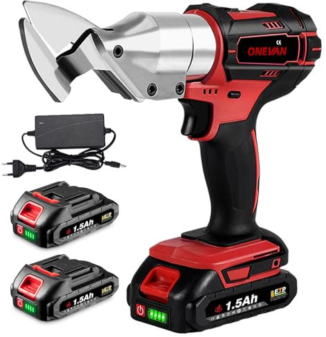 ONEVAN cisaille tole sans fil, cisaille electrique avec 2 batteries de 1,5 Ah e chargeur rapide, épaisseur de coupe 3 mm, ciseaux electrique à métaux pour couper le métal, fer, tapis et tissu