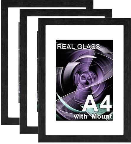 3Pack A4 Picture Frame with A5 Mount,Black Wooden Glass Poster Frame