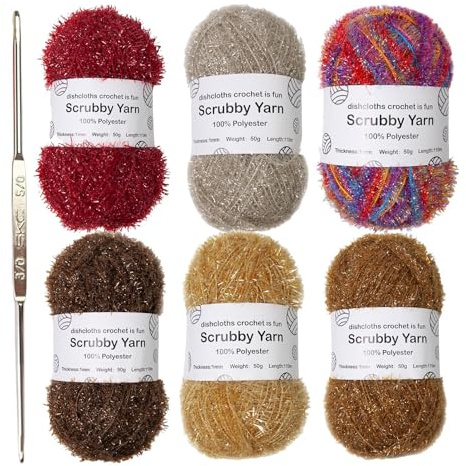 6 Rolls Sparkles Scrubby Yarn - Glitter Yarn for Crochet, Scrubby Polyester DishclothYarn, Rainbow SparklyYarn, for Crocheting Knitting Dishcloths Washcloths Home Decor Craft Projects