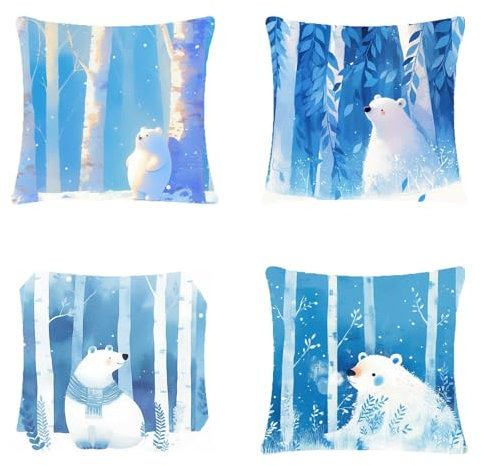 4 Stück Outdoor Kissen 80x80cm Leinen Material Balkon Dekoration, Outdoor Kissen Winter BäR Doppelseitiger Druck, Sehr geeignet für Camping im Freien Garten Bank Terrassen Auto Dekoration jy-189