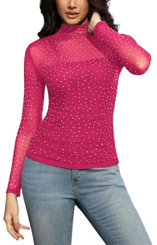 SEBOWEL Nättoppar damer, sexig elegant långärmad skjorta, glitter, transparent blus, tunika, utgång, toppar, B-rosenröd, L