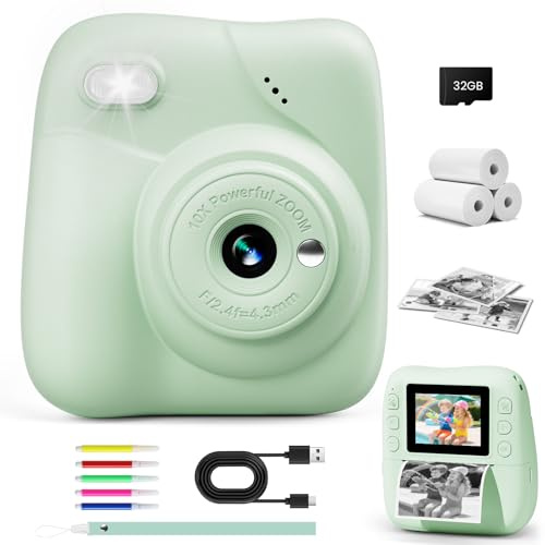 CAMCLID Appareil Photo Instantané Enfants, 1080P HD Appareil Photo Numérique Enfant avec Carte de 32GB & 3 Rouleaux de Papier d'impression, Cadeaux pour Garçons Filles de 3 à 12 Ans