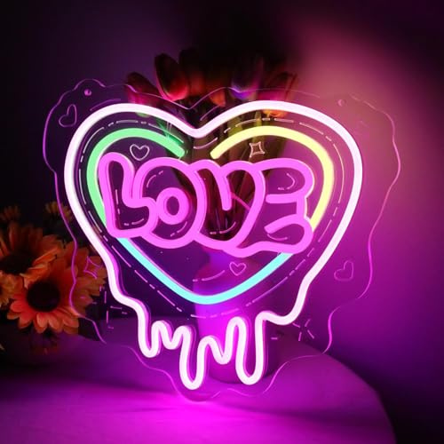 Love Neon Schild, LED Bunt Heart Neon Sign für Wand Deko, Dimmbare Neonlichter USB Power für Schlafzimmer Wohnzimmer Hochzeit Vorschlag Jahrestag Valentinstag Romantische Party