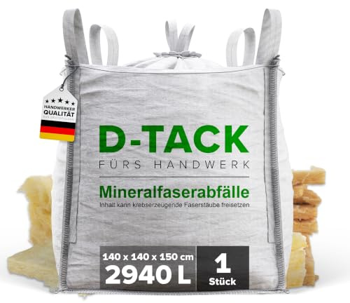 D-TACK 1x KMF Big Bag | 140 x 140 x 150 cm | Mineralwollsack aus PP-Gewebe | UV-stabilisiert | Säcke für Mineralfaserabfälle, Glaswolle und Isolierwolle | 2,94 m³ | 2940l