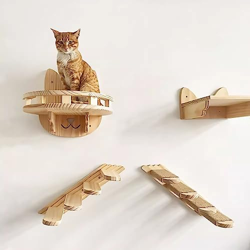 Kattklätterställning， Väggmonterade kattmöbler, kattvägghyllor, hängmatta, trappor, hoppplattformskombination for katter att sova och leka(Set3)