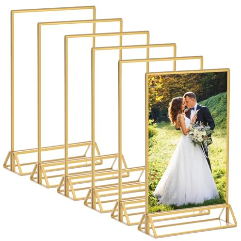 6 Pack A5 Acryl Schildhalter mit goldenen Rändern, Aufstellrahmen Transparent Aufsteller Goldrahmen Menü-Halter Prospektaufsteller Hochzeit Tischnummern für Hochzeit Restaurants Café Ausstellungen