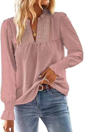 TUUHAW Camisa Mujer Manga Larga Boho Blusa Otoño Elegante con Cuello en V 2025 Moda Bordado Encaje Casual Top Punto Suizo Ropa Color Sólido Suelto Basic Túnica con Mangas de Volantes Rosa L