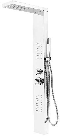 Colonne de douche en acier inoxydable avec jets de massage, pommeau de douche à effet pluie, jet à main, fonction cascade, 130 x 47 x 15 cm, design élégant argenté pour une expérience de salle de bain