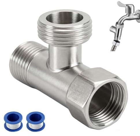 Conector T de Latón G1/2 Pulgadas, Válvula 3 Vías para Agua, Adaptador de Distribución con Rosca, con Arandelas y Cinta de Sellado para Instalaciones de Fontanería y Grifos, Cromo