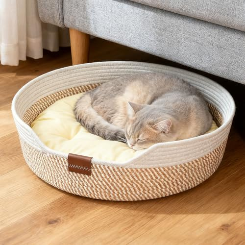 VAIGU:OA Katzenbett mit Kissen Waschbar Langlebig Rund Baumwollseilen Katzenkörbchen Katzenschlafplatz All Season Universal für Oder Katze und Kleine Hunde 47 x 15 cm