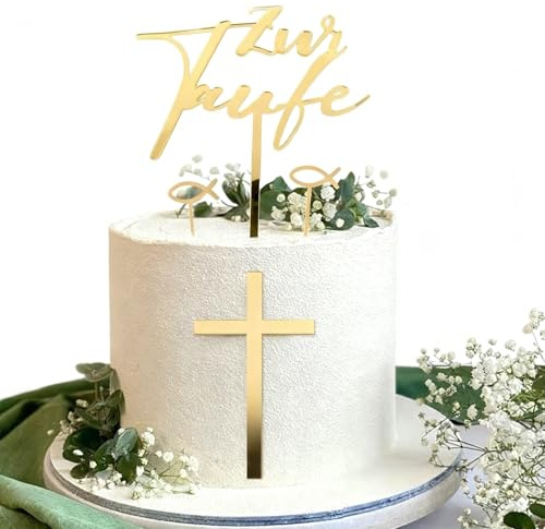 DIPZO 4 st Kakdekoration för Dop, Kors Cake Topper i Akryl Guld för Pojke och Flicka, Fisk Kommunion Cupcake Topper, Dekoration för Baby Shower och Dop