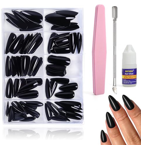 nghie Finte Nere 120 Pezzi Unghie Adesive Press On Mandorla Lunghe con Colla, Kit Nail Art Fai da Te ABS Glossy Unghie Finte per Donna Set Unghie Finte per Feste Matrimonio Regalo Beauty