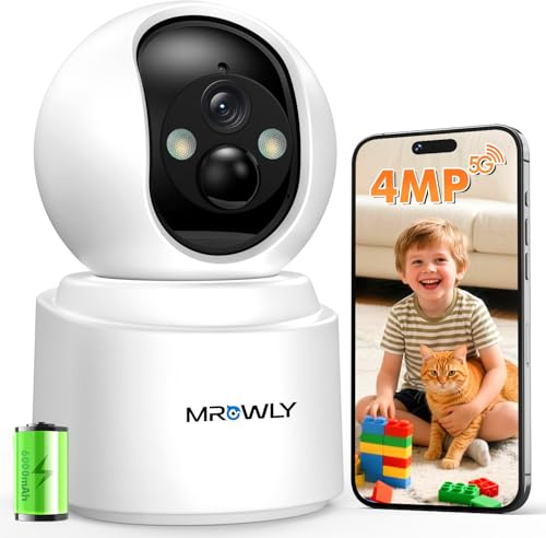 Mrowly 2.5K 4MP Camara Vigilancia WiFi Interior Sin Cable con Batería 6000mAh, 2.4/5GHz WiFi, 360° PTZ, Bebé/Animal/Seguridad para El Hogar, Detección PIR, Visión Nocturna Color, Conexión Bluetooth