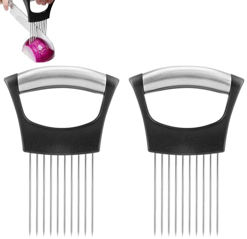 2 Pcs Onion Slicer Holder, Stainless Steel Vegetable Cutter & Fruit Cutter for Tomato, Potato, Lemon, Avocado, Meat, Essential Kitchen Tools & Gadgets (Set 2)