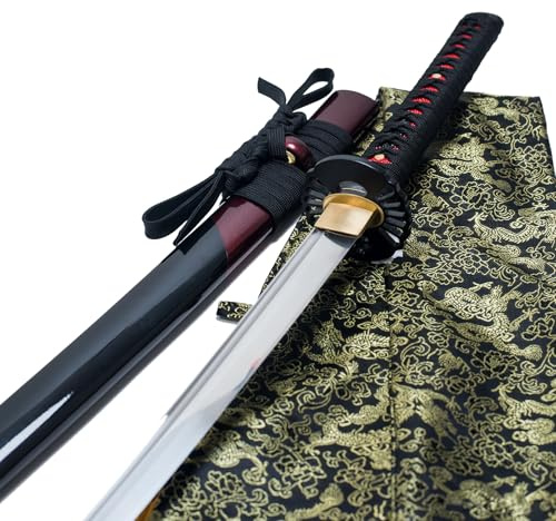 40 Zoll Katana Japanisches Samurai-Schwert Handgeschmiedet, 1060 Kohlenstoffstahl Roter Damaststahl, Echtes Full Tang mit Eisen-Tsuba, Für Sammler
