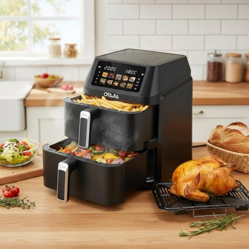 12L Double Stack Air Fryer, Family Size Digital with 2x6L Baskets-Air Fry, Air Roast, Bake, Broil, Reheat, Dehydrate, Energy and Time Saver with 10 Pre-Sets for Oil Free & Low Fat Healthy Cooking
