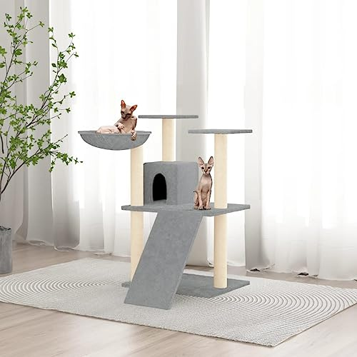 Tiragraffi con colonna in sisal, grigio chiaro, 83 cm, torre per gatti con casa, scaletta per amaca, piattaforme in morbido peluche, istinti di graffio, arrampicata e relax