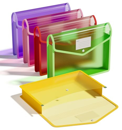 ThinkTex A4 plastmapp, 5 st dokumentmappar genomskinliga kuvert med snäppstängning, inga avdelare, stor kapacitet, blandade färger, för skola kontor hem