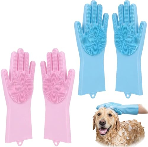QhgPnt Dog Washing Gloves 2 Pair, Dog Washing Gloves, Cat Grooming Glove, With Hanging Hole, 3 in 1 Bathing, Deshedding and Massaging Cleaning Glove Multifunction for Pet(Blue and Pink)