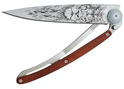Deejo - Couteau de Poche Pliant 37g - Manche en Bois Corail, Lame en Acier Inoxydable 8,4 cm - Motif Lion - Couteau de Table, Randonnée, Camping, Bivouac