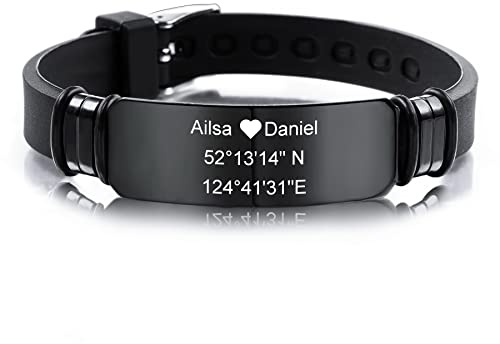 MeMeDIY 13mm Breites Armband Silikon Verstellbar Sport Name Handgelenk ID Tag Identifikation Personalisierte Armband Für Männer Frauen Kinder Edelstahl Gummi - Gravur Angepasst (Schwarz Farbe)