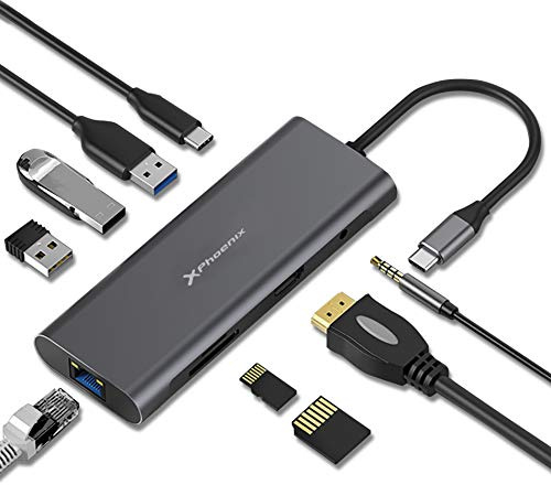 Phoenix Hubs Tipo C Aluminio, USB 3.0, Lector Tarjetas, PD, Compatible con MacBook Air, Pro, iPad, Tablets y Ordenador Portátil Tipo C (9 en 1)