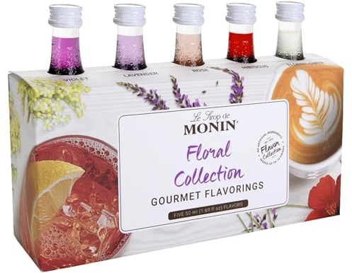 Monin - Gourmet Flavorings Floral Collection, Great for Cocktails, Lemonades, Teas, & Sodas, Gluten-Free, Dairy-Free, (Violet, Lavender, Rose, Hibiscus, & Elderflower) | 50 ml Per Bottle