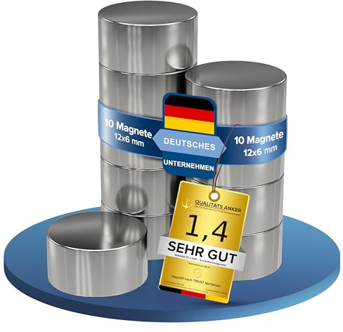 10x Neodym Power Magnet silber - Scheibenmagnet extra stark rund - Durchmesser 12x6mm hoch - starke Supermagnete - Haftkraft ca. 3,1 kg - Magnete für Whiteboard, Pinnwand, Magnettafel, Werkstatt