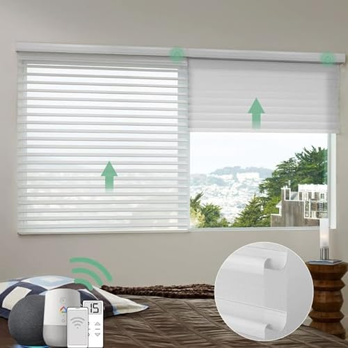 Yoolax Elektrisches Smart Shangri-la Rollo mit Motor und Fernbedienung, Alexa & Google Home Kompatibel Doppelrollo, Sprachsteuerung, Licht-Filterung, Aufladbar, Fein 60% Verdunkelung, Weiß