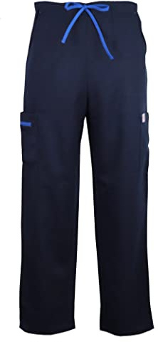 JONATHAN UNIFORM Lightweight Cargo Trousers with 5 Pockets Full Elastic Scrub Pants with Adjustable Drawstring (Navy, L)