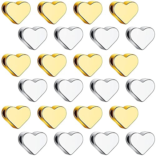 SDFAA 120 Stück Herz Spacer, Metall Herzperlen, herzförmige DIY Perlen, Herz Charms Spacer Beads, Metall herzförmige Perlen mit kleinem Loch, für Halsketten, Armbänder, Handarbeit (Gold, Silber)