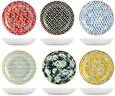 H&H 8045602 Colourful Set 6 Piatti Fondi in Porcellana, 21cm, Decori e Colori Assortiti, Moderni ed Eleganti