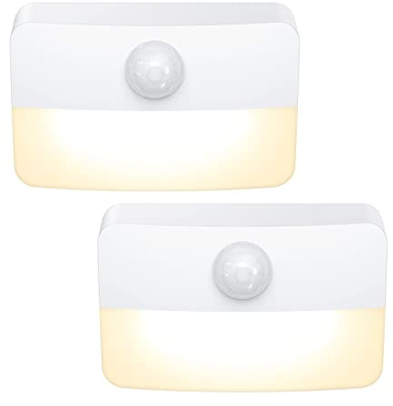 Criacr Motion Sensor Night Light, 2 Pack Stick-On Motion Sensor Lights Indoor by Battery Powered, Under Cupboard Kitchen Lights with Adhesive Pads, Auto/On/Off for Wardrobe Stair Kitchen Warm White