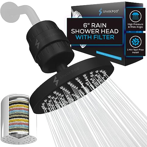 SparkPod Luxury Filtered Shower Head Set 23 Stage Shower Filter - Reduces Chlorine and Heavy Metals - High Pressure Showerhead Filter (6 Round, Midnight Black Matte)