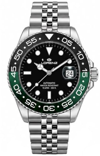 Lorenz 28196EE Orologio Uomo Automatico Miyota, Acciaio Inossidabile, Ghiera Girevole Nero/Verde, 43 mm, Impermeabile 100 m – Orologio Sportivo Uomo