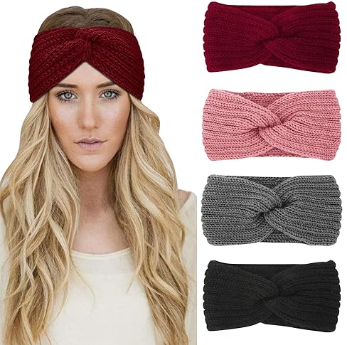 AKTVSHOW 4 Stück Winter Stirnband Damen Gestrickt Frauen Haarreifen Haarbänder Breit Ohrenwärmer Häkelarbeit Elastische Weinrot Haarschmuck