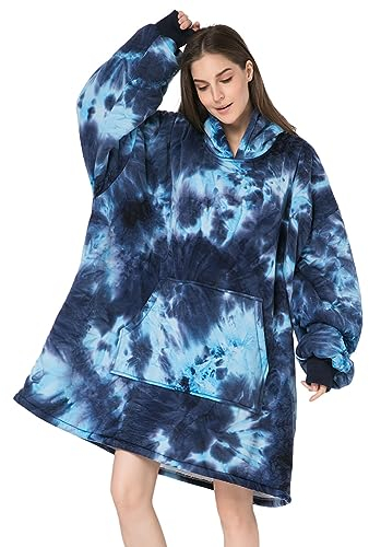Michorinee Übergroße Hoodie Decke Sherpa Pullover Decke mit Kapuze Warme Fleece Tragbare Decke Blanket Hoodie Kuscheldecke mit Ärmeln als Geschenke für Frauen Herren | Tie Dye Dunkelblau
