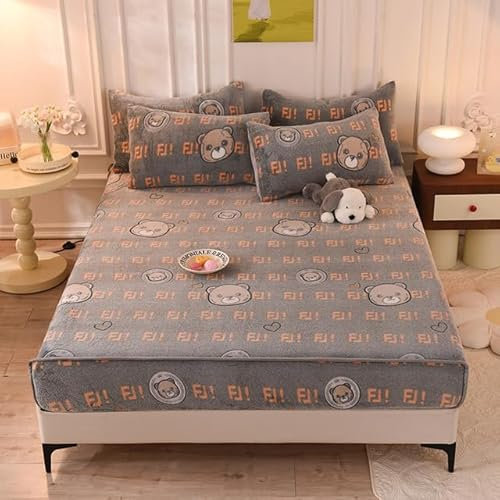 Sábana Bajera de Terciopelo de Cristal, Juego de Cama cálido de Franela Gruesa con Dibujos Animados, Funda de colchón, Ropa de Cama Textil elástica para el hogar