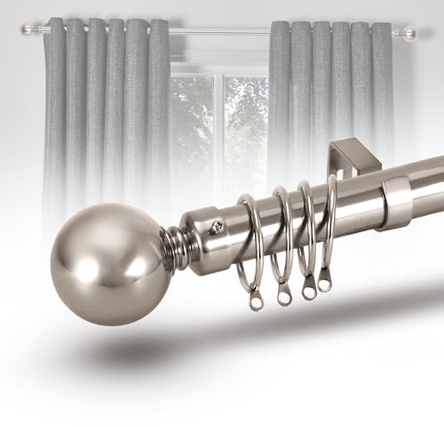 MOONLIGHT BEDDING Extendable Curtain Poles for Eyelet Curtains Plain Metal Ball - Adjustable Curtain Pole Includes Rod, Rings, Brackets and Fitting Set (160-300cm, 63 Inch-118 Inch, Brushed Silver)